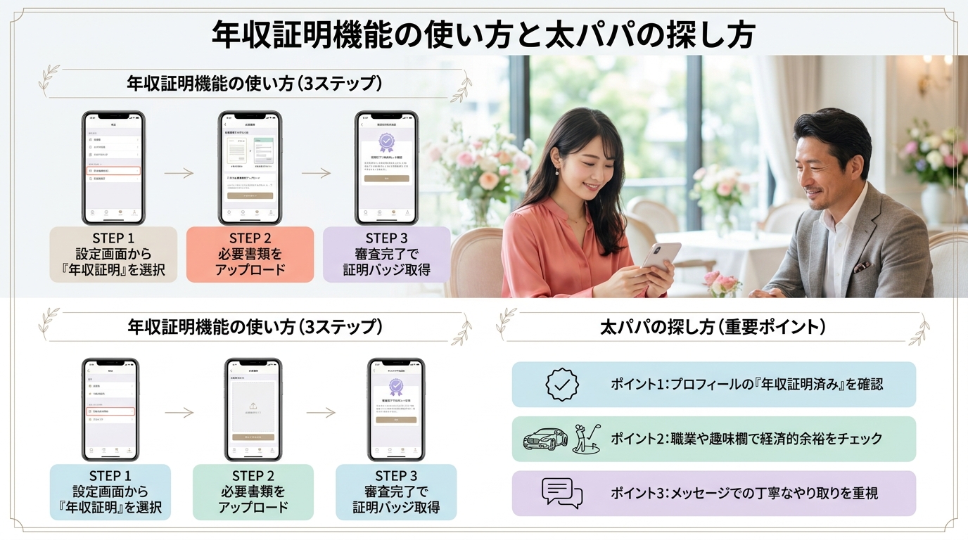 年収証明機能の使い方と太パパの探し方
