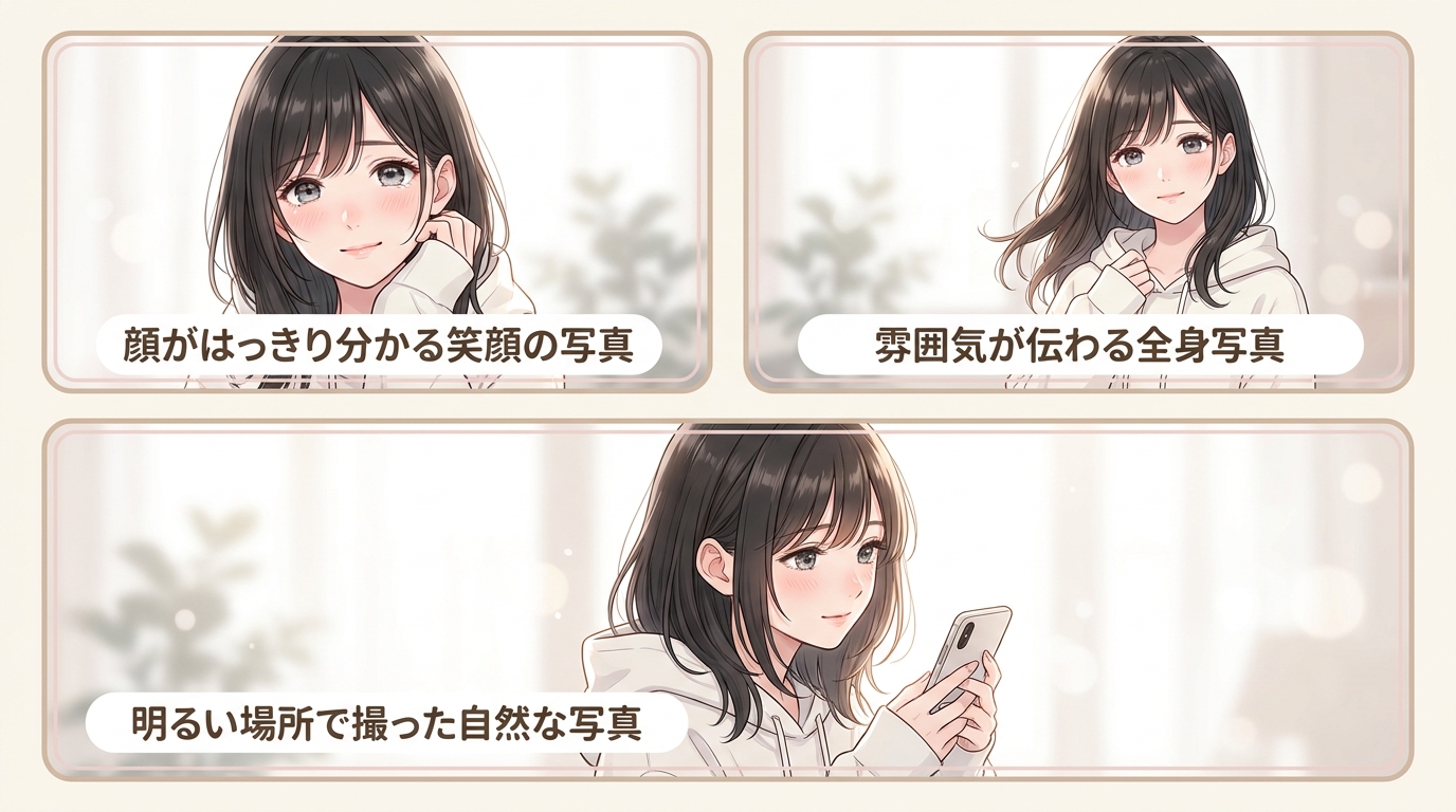 全身・笑顔・明るい場所の3枚を揃える