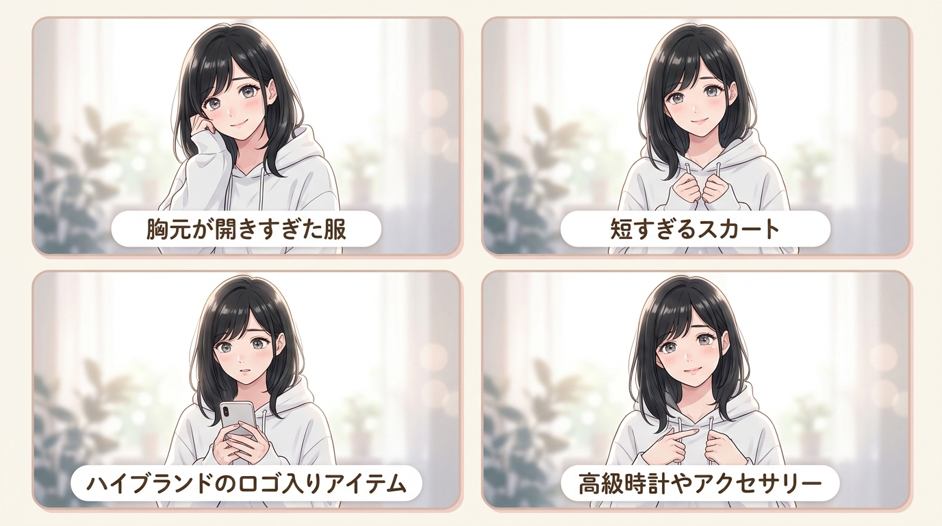 露出の多い服装や高級ブランド品が映り込んだ写真